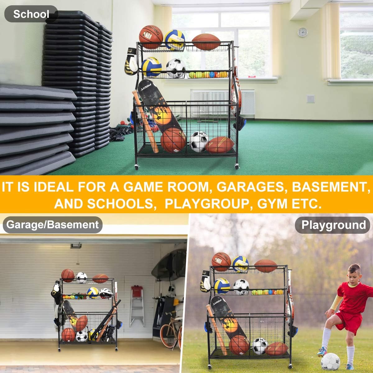 Kinghouse Garage Sports Equipment Organizer, Ball Storage Rack, Garage Ball Storage, Sports Gear Storage, Garage Organizer with Baskets and Hooks, Rolling Sports Ball Storage Cart, Black, Steel: Sports & Outdoors