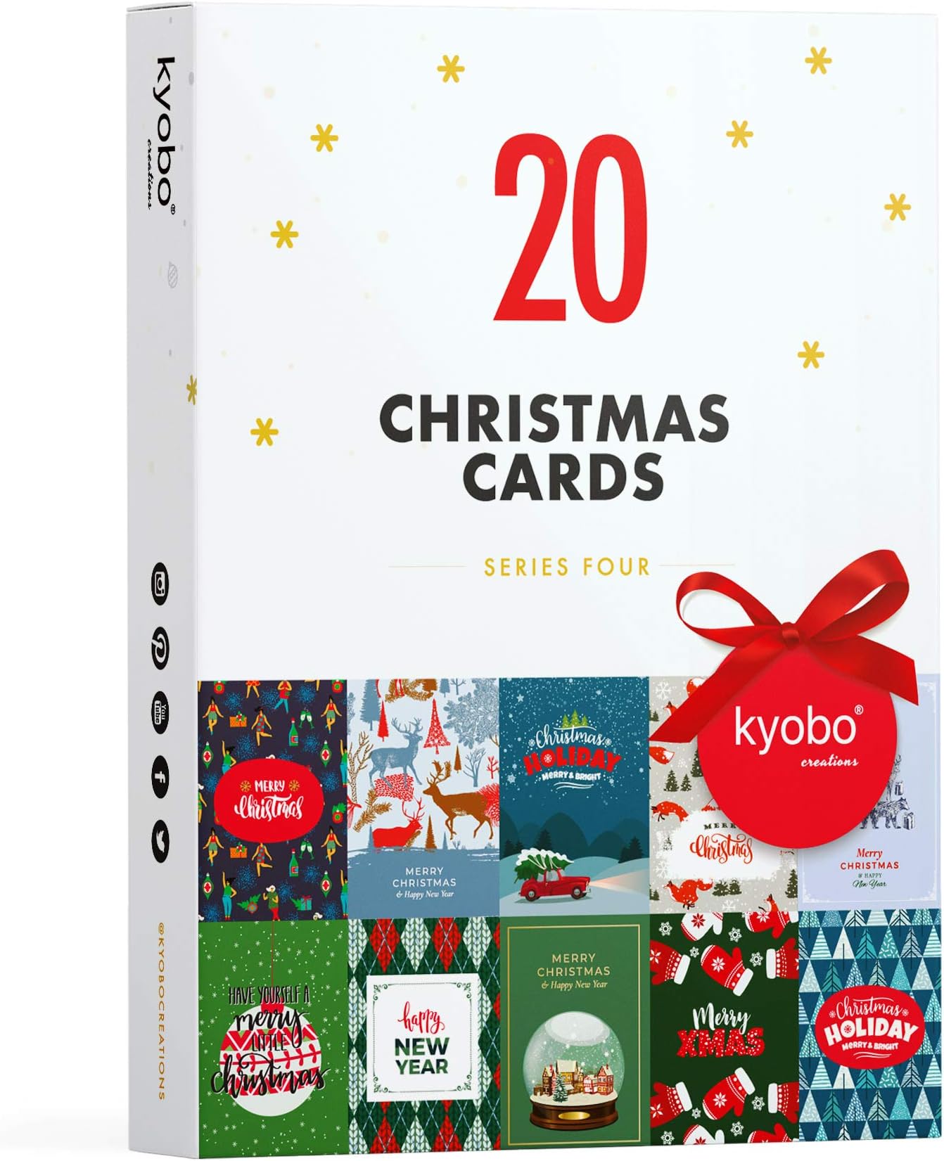 20 Large Xmas Cards Series 4 by Kyobo Creations | Colourful Winter Festive Design Christmas Cards | Bulk Pack Comes with envelopes Blank Inside
