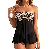 Tempt Me Womens Two Piece Bathing Suits Halter Bandeau Tankini Top Flyaway Swimsuit with Bottoms Tummy Control Swimwear