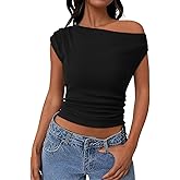 PRETTYGARDEN Womens 2025 Summer Off The Shoulder Crop Cute Tops Sleeveless One Shoulder Ruched Y2K Going Out Tank Top