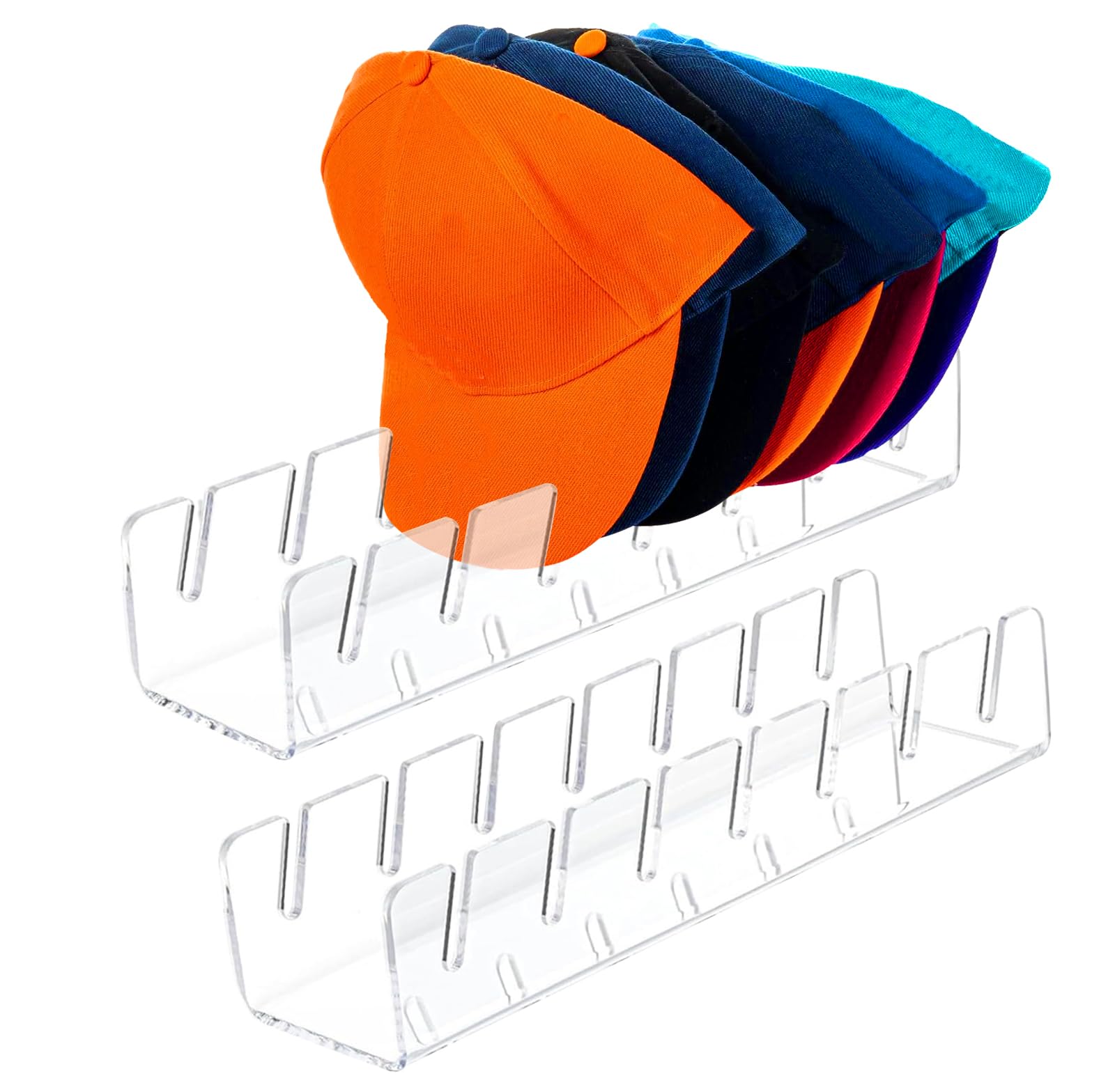 Gzsekken Baseball Cap Storage Hat Display Stand No Install Acrylic Hat Organiser Rack,7 Baseball Caps Display Storage for Home, Bedroom, Closet, Dresser, Office (set of 1)-Clear