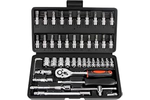 Hmevsafinect 1/4 Inch Drive Socket Ratchet Wrench Set, 46 Pieces Socket Set with Bit Socket Set Metric and Extension Bar for 
