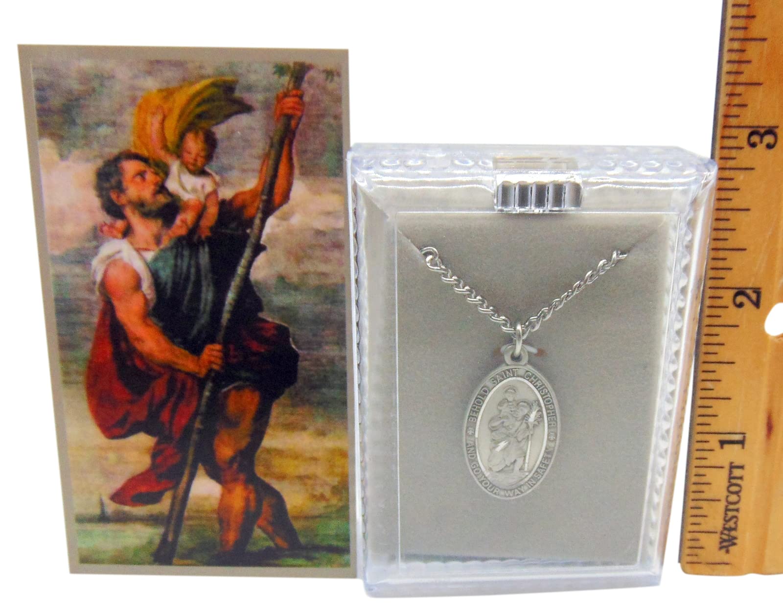 St Christopher Pewter Medal on a Stainless Steel Chain with Holy Card Gift Boxed Set