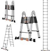 DEZEX A Frame Telescoping Ladders 16.5 FT Stainless Steel, Telescopic Ladder with Balance Bar and Movable Wheels, Multi-Purpose Collapsible Compact Ladder for Indoor Outdoor Work, 330lbs Capacity