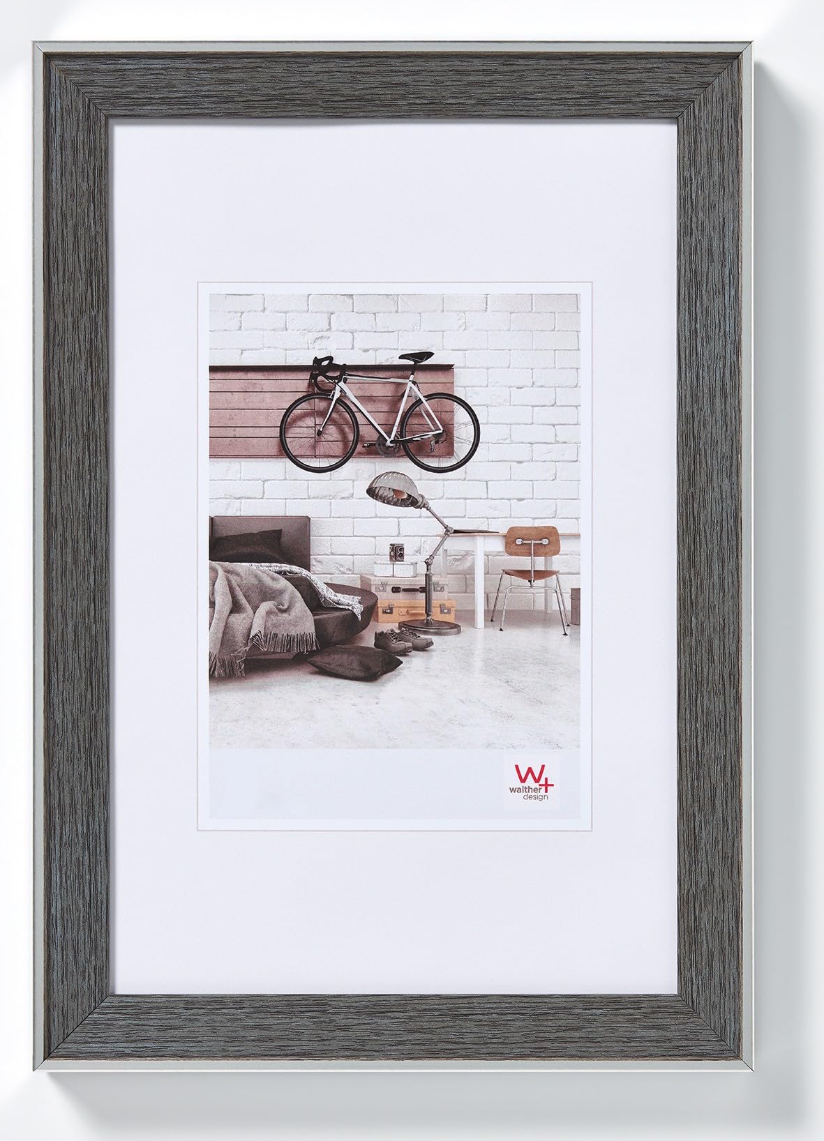 walther Design Picture Frame Grey 18 x 24 cm with Silver Outer Edge, Bohemian Design Frame EN824D