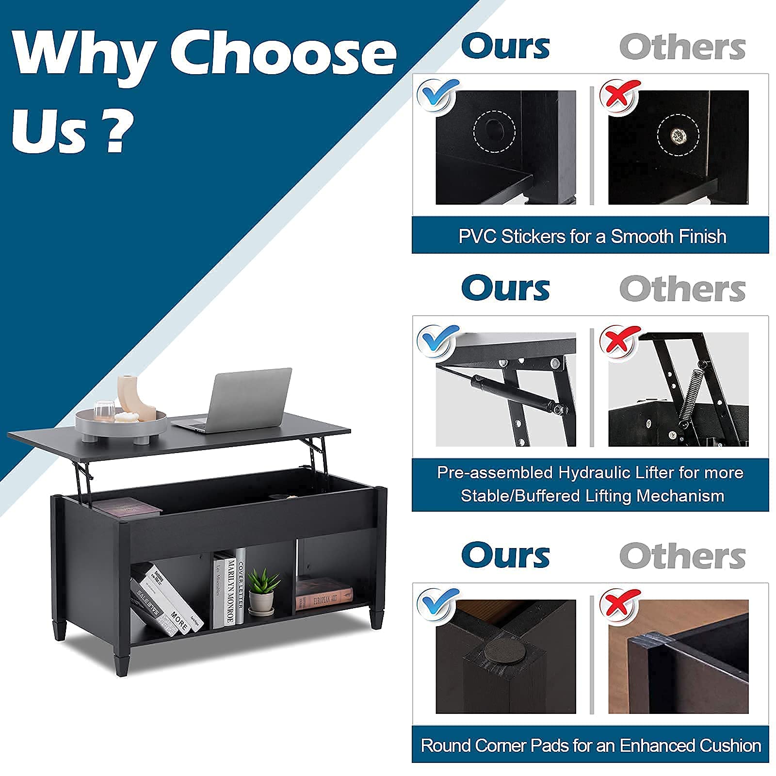 VINGLI Lift Top Coffee Table, Lift Up Coffee Table with Storage Shelf