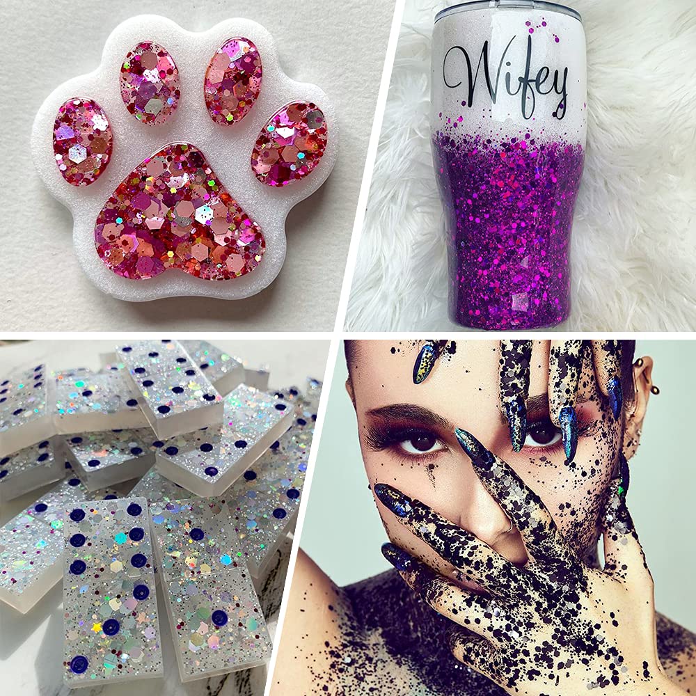 100g Holographic Glitter, Cosmetic Mixed Hexagon Chunky & Fine Craft Glitter Resin Sequins for Epoxy, Resin Art, Body, Hair, Face, Nail, Slime, Tumblers (Silver)