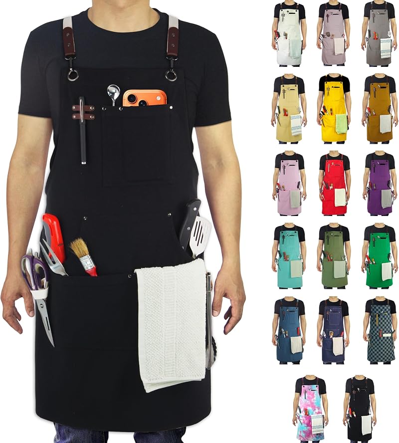 Stenffy Canvas Work Apron Multiple Pockets Gardening Painting BBQ Artist