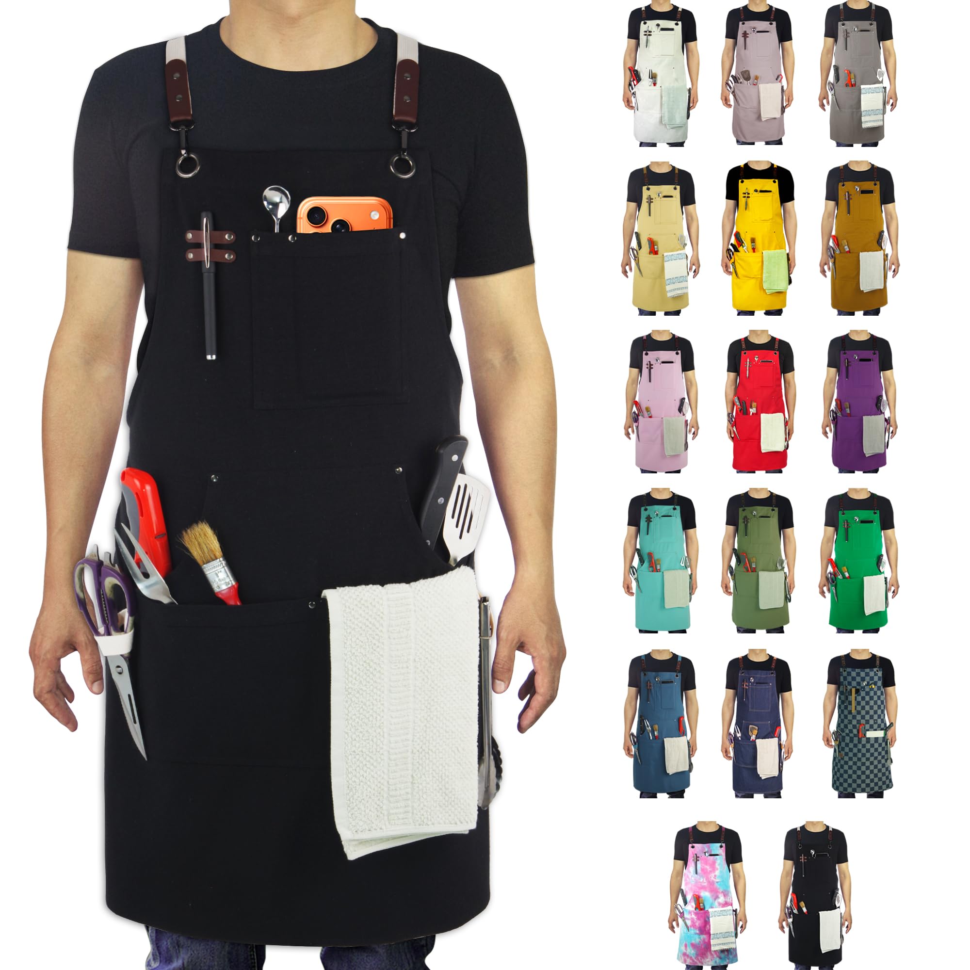 Stenffy Kitchen Apron, Work Apron, Canvas, Multiple Pockets, Gardening, Painting, BBQ, Artist, Carpenter, Sizes M to XXL, Black