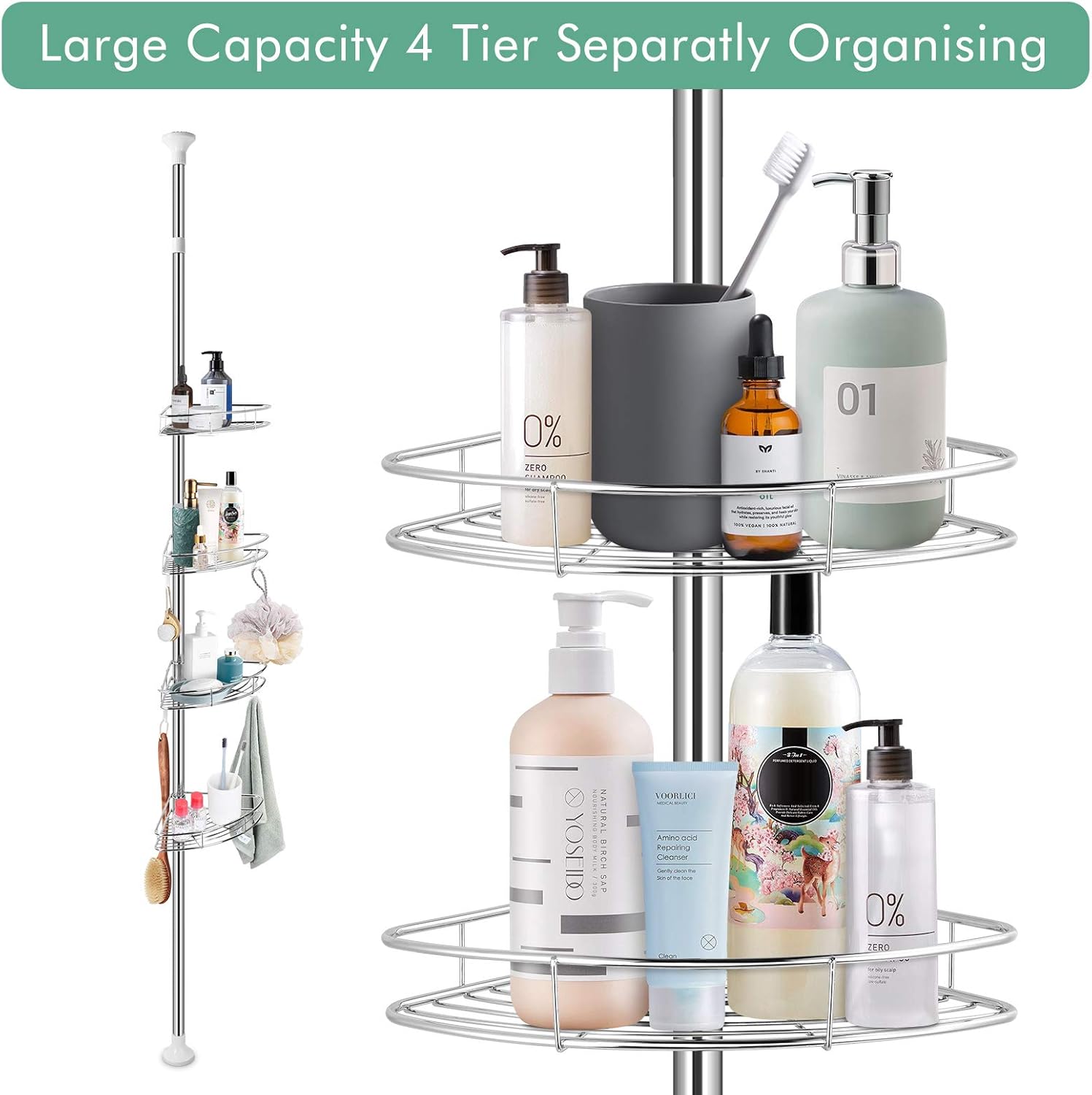 Telescopic Shower Storage Corner Shelf, 4 Tier Adjustable Tension