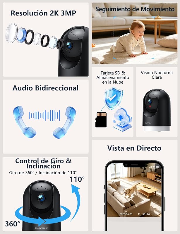 Cámara Interior 2K, cámara para Mascotas con detección de Movimiento, cámara de Seguridad para el hogar CCTV Wi-Fi con visión Nocturna, Funciona con Alexa/Google, sin Tarifa mensual