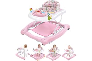 Foldable Baby 5-in-1 Activity Walker - Rocker, Activity Center, Bouncer, Seat Walker, Push Walker - Adjustable Speed Rear Wheels and Height Toys Ages 6-18 Months(Pink)
