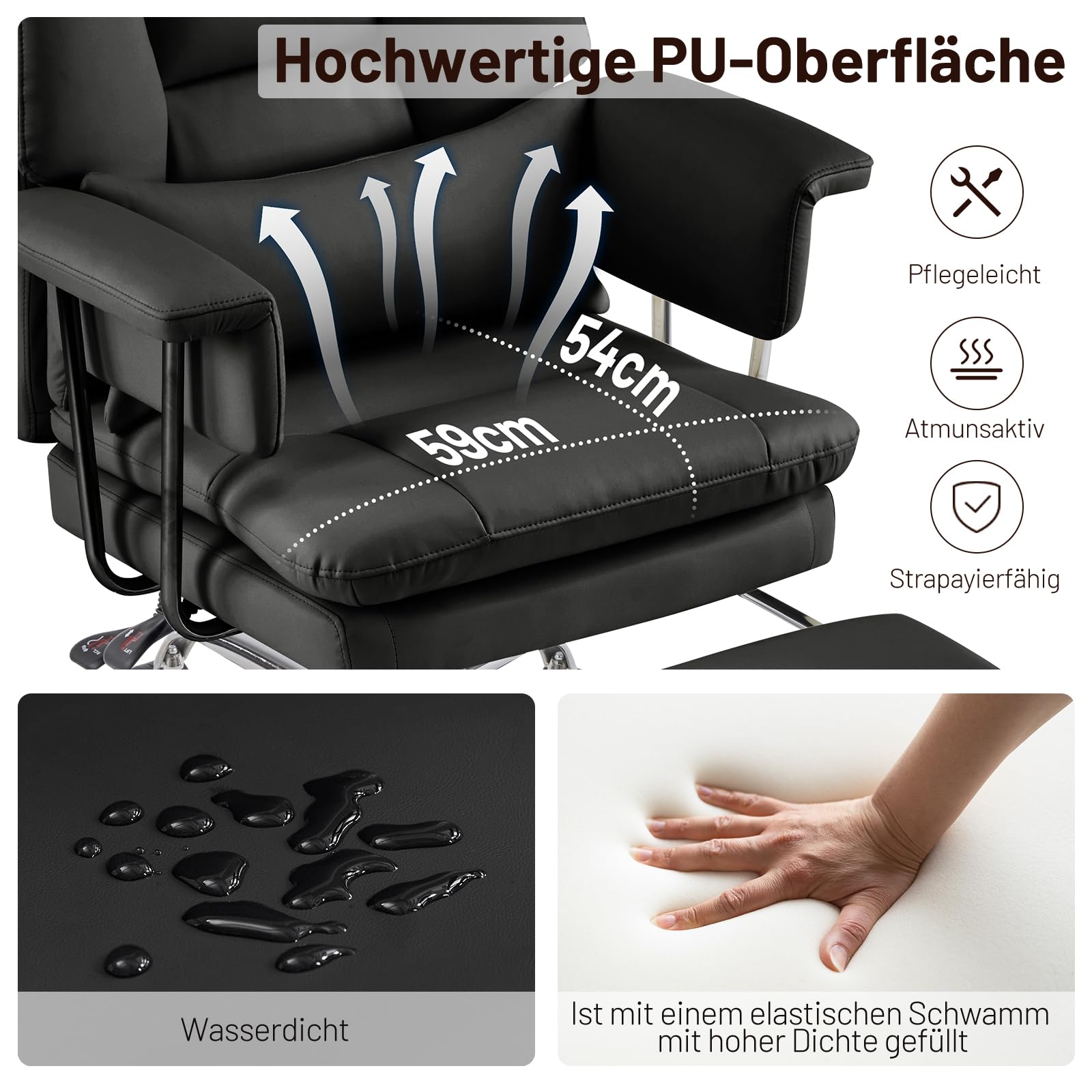 Ckaff Bürostuhl Ergonomischer mit Fußstütze und Lendenwirbelstütze, PU Leder Chefsessel 200KG XXL, Schreibtischstuhl Drehstuhl mit Armlehnen und Kopfstütze Höhenverstellbarer, Schwarz 7