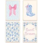 Trendy Preppy Set Of 4 Posters Pink Bow Boots Blue And White Stripes Canvas Wall Art Sweet Dreams Blue Flowers Aesthetic Prints Painting For Home Bedroom Dorm Wall Decor 8x10in Unframed