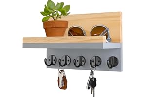 Gurfuy Key Holder for Wall with Shelf - Square Wood Mail Organizer and Rack with Shelf Hooks Wall Mounted for Entryway Decor Magazines Letter Storage Farmhouse Living Room Bedroom Doorway Grey