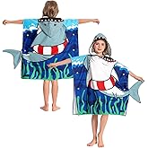 OLAOLA Printed Shark Hooded Kids Beach Towels for 3-12 Years Boys Girls, Soft Absorbent Kids Hooded Bath Towel Wrap, Toddler Pool Swim Towel with Hood