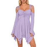Scarlet Darkness Tie Shoulder Flare Sleeve Renaissance Witch Fairy Dress | Drawstring V-Neck, Flared Bell Sleeves, Pockets, Medium Stretch, Layered Handkerchief Hem. For Daily & Renaissance Events