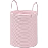 HOBASKET Cotton Rope Storage Basket with Handles, Pink, Large Capacity Laundry Hamper and Laundry Basket for Clothes, 15x18 Inches, Nursery Organizer
