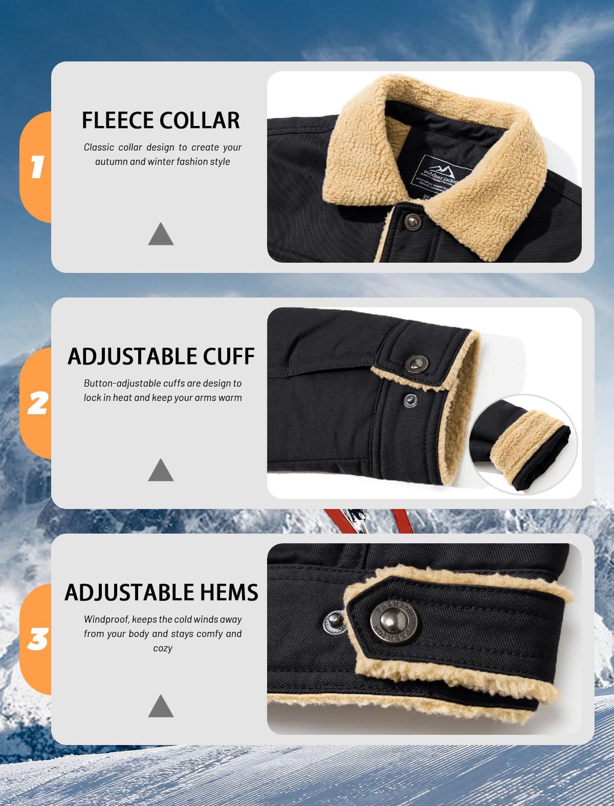 MAGCOMSEN Men's Winter Jacket Lined Sherpa Jacket Warm Trucker Coat Multi Pocket