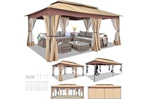 HOTEEL 12x20 Gazebo, Outdoor Gazebo on Clearance with Double Ventilated Arc Roof, Privacy Curtains & Mosquito Netting, Easy Set up Canopy Tent with Stable Resistant to Strong Winds Metal Frame Khaki