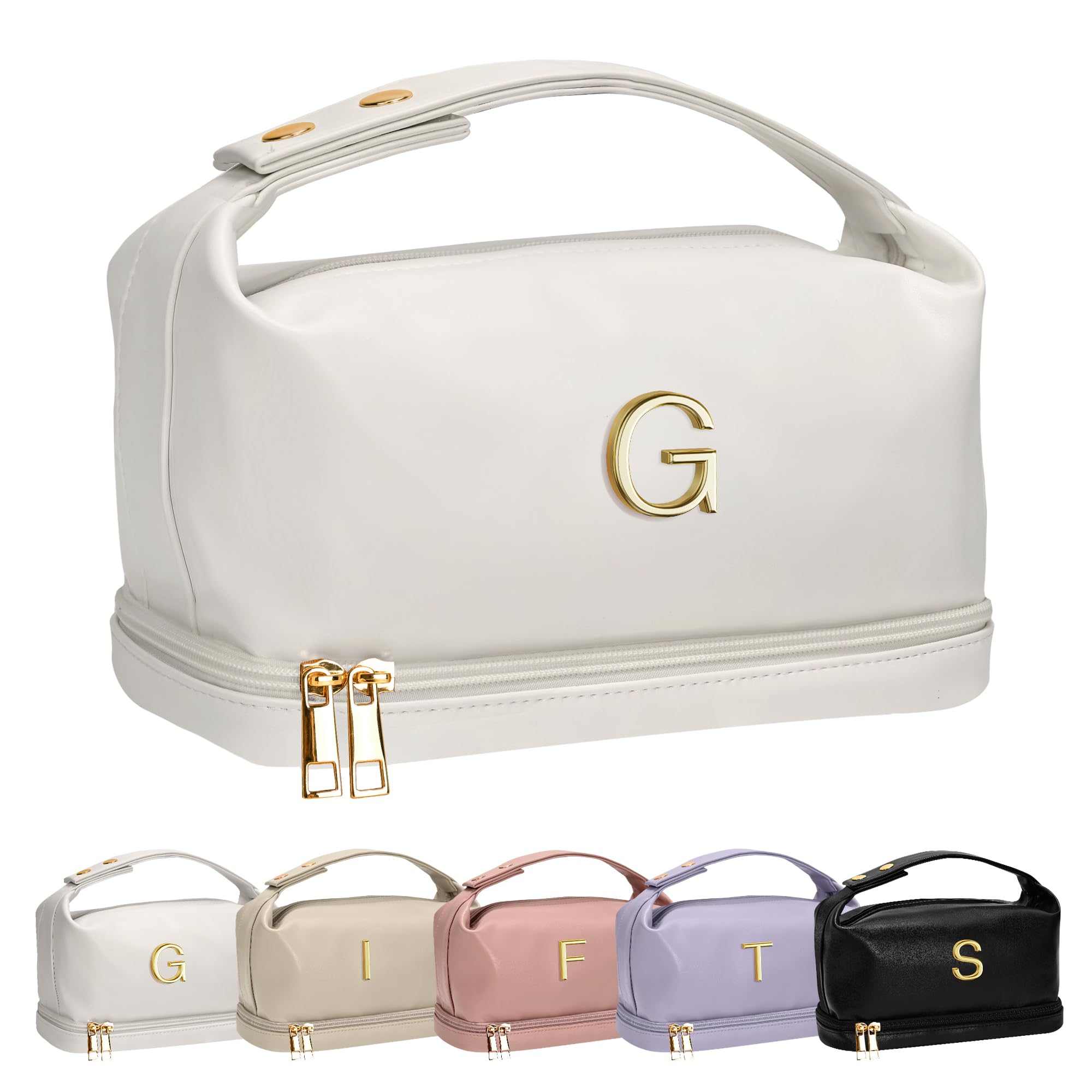 Photo 1 of Vogewood Gifts for Teen Girls, Initial Makeup Bag, Personalized Bags with Handle, Waterproof Double Layer Cosmetic Bag, Large Capacity PU Leather Makeup Bags Letter Travel Toiletry Bag, Friend Gifts
