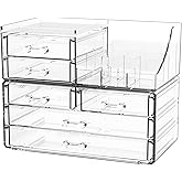 Cq acrylic Make Up Organizers for Vanity With 6 Drawers, 2 Pack Clear Drawer Organizers,Plastic Cute Desk Accessories Organization and Bathroom Organizers Storage Case Box Cube for Beauty,Skin Care
