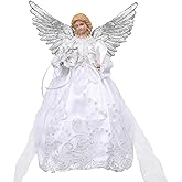 MUMTOP Lighted Christmas Angel Tree Topper, 12 Inch Luxury White Fabric Angel Tree Top Figurine with Lights for Christmas Tree Decoration Indoor