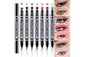 evpct 7Pcs Colored liquid Eye Liners Face Stamp Cosplay Gothic Makeup Set Kit for Beginners, Black Brown Purple Blue Red Pink Green Star Flowers Heart Moon Triangle Lightning Butterfly Stamps Eyeliner