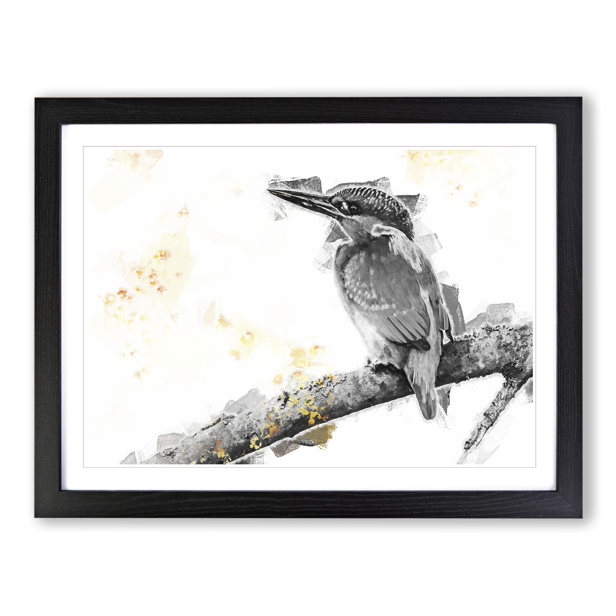 Kingfisher Bird On A Branch In Abstract Modern Art Framed Print | A4 Black Framed Wall Art | Ready to Hang | Abstract Fantasy Picture | Living Room Bedroom Lounge Office