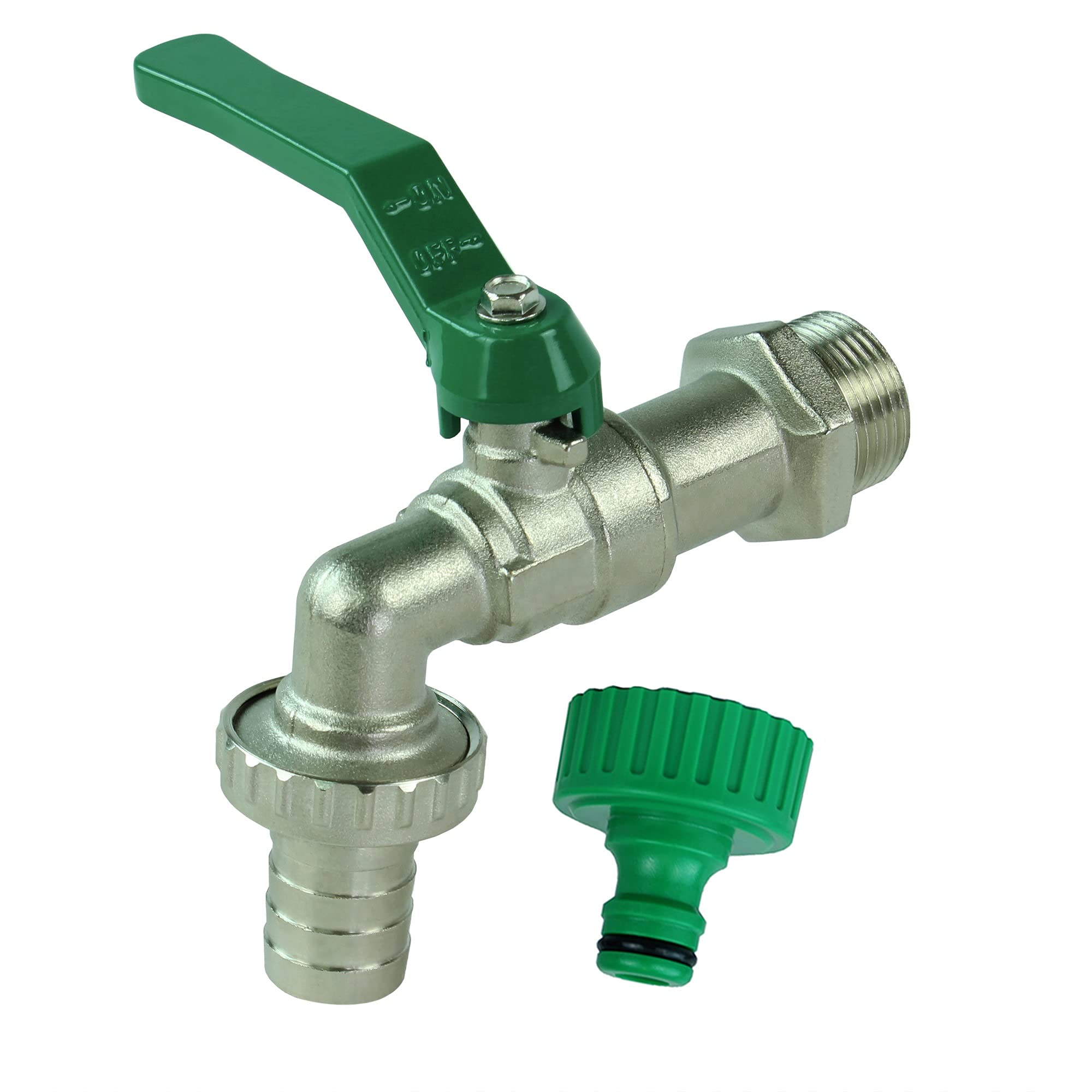 GASMIS Outlet Valve 3/4 Inch AG – Made in Italy – Brass Tap Nickel-Plated for Indoor and Outdoor Use, Including Hose Connection and Tap Connector, Ball Drain Valve 1 Inch Outlet, Green, Pack of 1