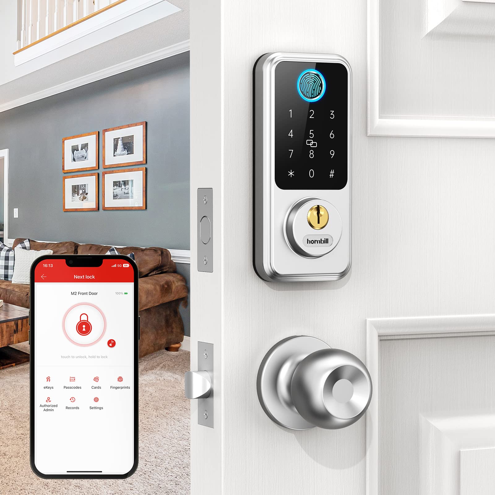 Hornbill Keyless Entry Door Lock: Smart Deadbolt with Handlesets - Smart Locks for Front Door with Fingerprint - Electronic Keypad Deadbolt with Door Knob - Door Lock with Keypad Auto Lock