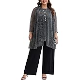 Plus Size Mother of The Bride Pant Suits 3 Piece Elegant Lace Sets Wedding Guest Formal Outfit with Metallic BrightThread