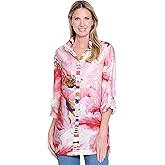 John Mark Women's Floral Print Button Front Wire Collar Tunic with Roll Tab Sleeves