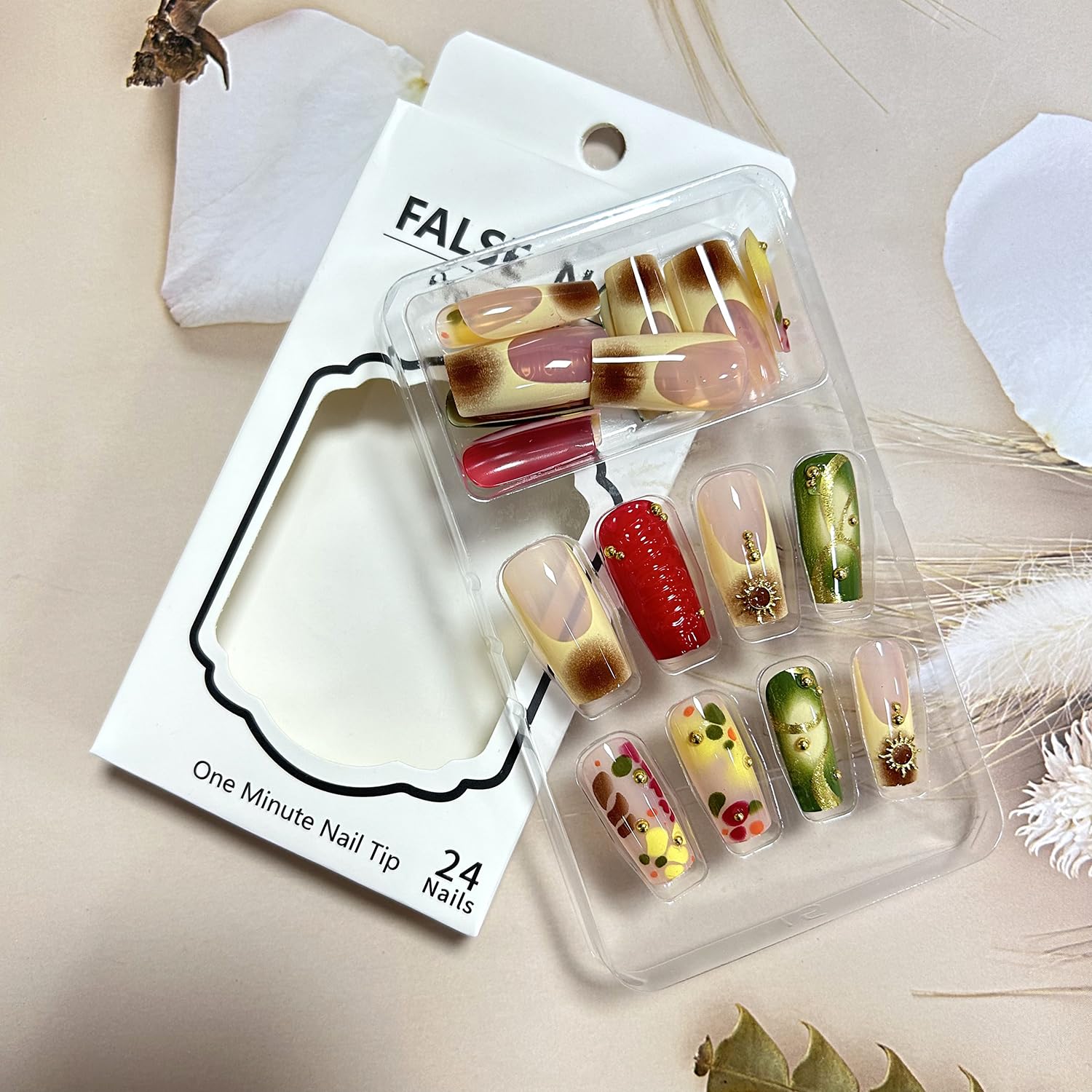 TBRZTR Press on Nails Medium Square 3D Stereoscopic French Glue on Nails Gradient Acrylic Nails with Gold Lines Design False Nails Full Cover Coffin Nails Reusable Stick on Nails for Women 24Pcs - Image 4