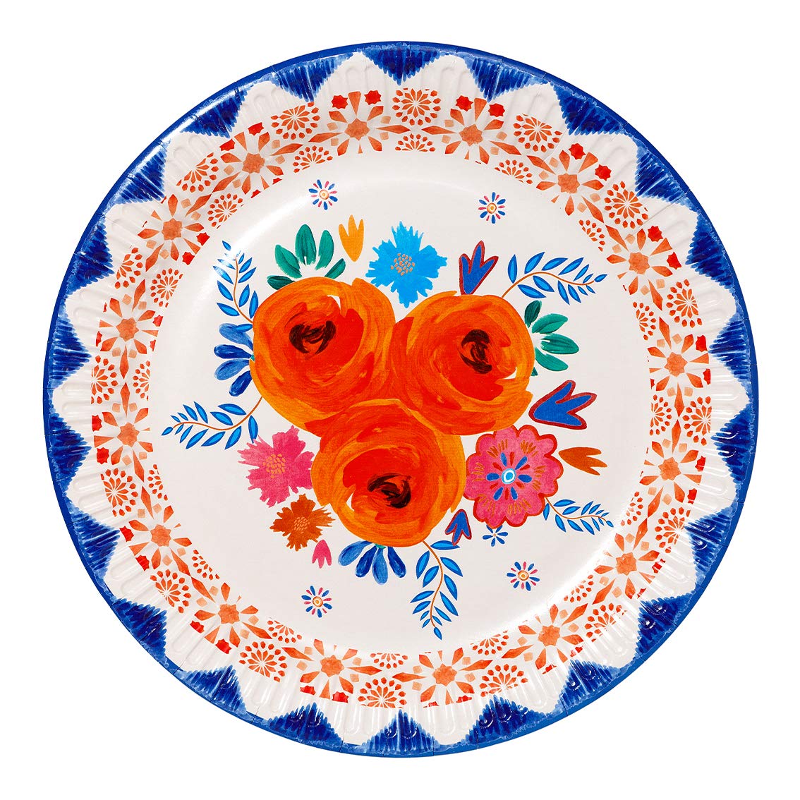 Talking Tables Pack of 12 Blue and Orange Pretty Floral Paper Plates - Recyclable Disposable Tableware for Boho Party Supplies, Encanto Mexican Fiesta, Summer Birthday