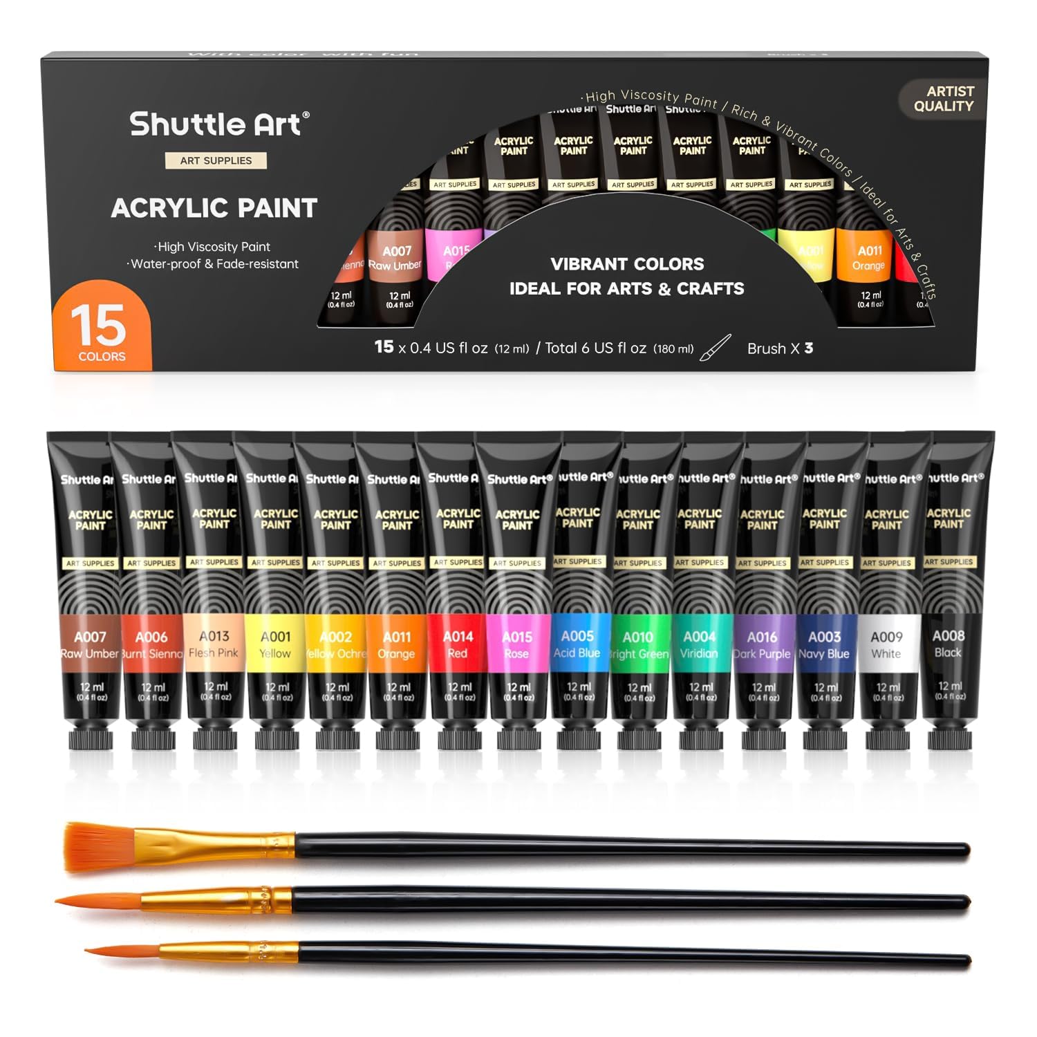 Shuttle Art Acrylic Paint Set, 15 x12ml Tubes Craft Paints, Acrylic Paint Kit for Clay, Model, Poster, Rock Painting, Paints for Adults Beginner Painting on Canvas Wood Model Fabric