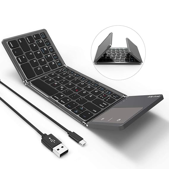 Bluetooth Tastatur mit Touchpad, Jelly Comb Faltbare Ultra-Dünne Dual-Modus Wired und Bluetooth Tastatur [QWERTZ Layout], Gra