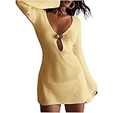 GORGLITTER Women's Crochet Dress Swimsuit Coverup Long Sleeve Bikini Bathing Suit Swim Suits Beach Cover Ups Swimwear Yellow Small