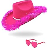 YBHOMINE Cowboy Hat with Heart Sunglasses - Cowgirl Hat with Feather Boa Brim for Women&Men,Bachelorette Party Halloween