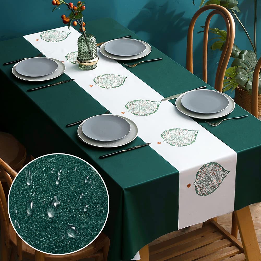 newsbirds Table Cloth Wipeable Tablecloth PVC Plastic Rectangular, Wipe Clean Oil-proof Waterproof Table Cover for Kitchen Dinning Outdoor Party, Green Leaf 55 x 86 Inch(140 x 220 cm)