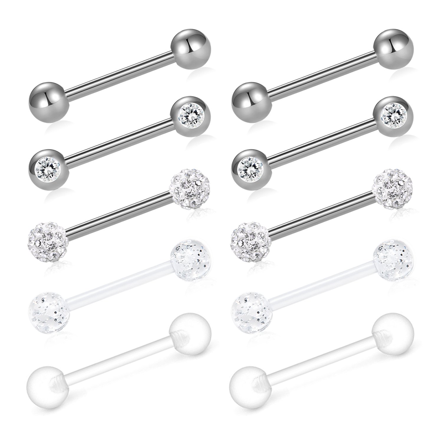 FECTAS 10pcs 14G Tongue&Nipple Barbell Bars Set Surgical Steel& Flexible 16mm