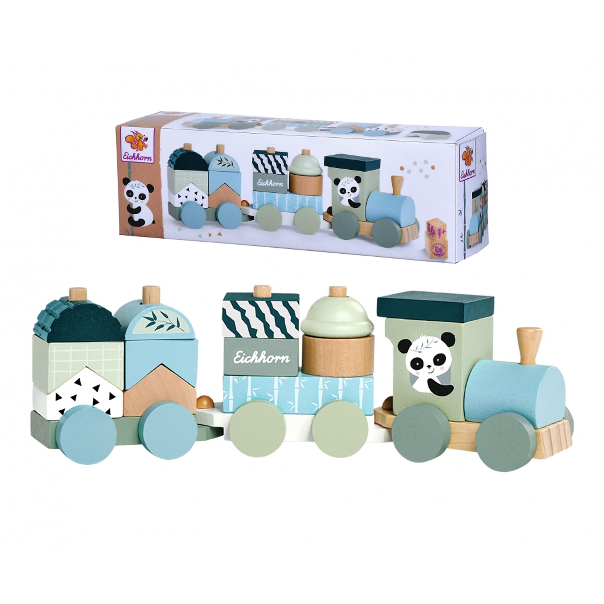 Simba Eichhorn Wooden Train with 2 Wagongs and 13 Building Blocks, Locomotive and Trailer Consisting of Building Blocks, 16 Pieces, 29 cm Long, Motor Skills Toy for Children from One Year