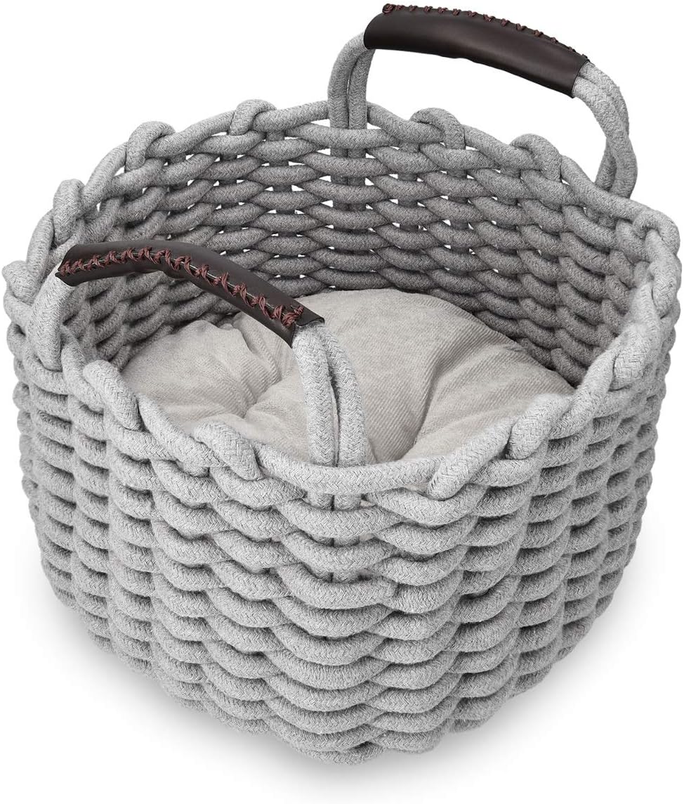 Navaris Small Cat Bed Basket Soft Woven Round Pet Nest with Handles