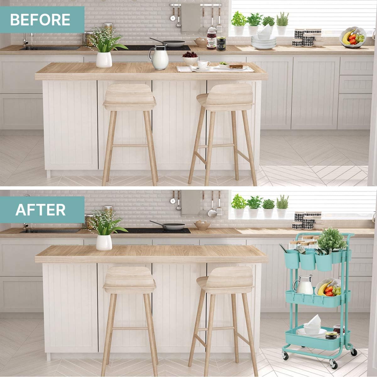 3 Tier Storage Cart, Rolling Cart，Kitchen Storage Cart, Painting Cart, Trolley Adjustable Makeup Cart with Handle/Hanging Cups/Hooks/Wheels for Bedroom/Bathroom, Teacher Cart: Kitchen & Dining