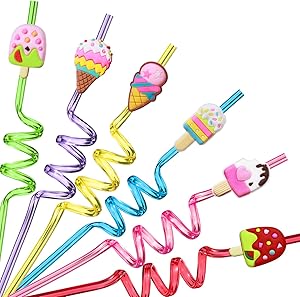 24 Reusable Ice Cream Straws for Birthday Party Supplies | Party Favors with 2 Cleaning Brush