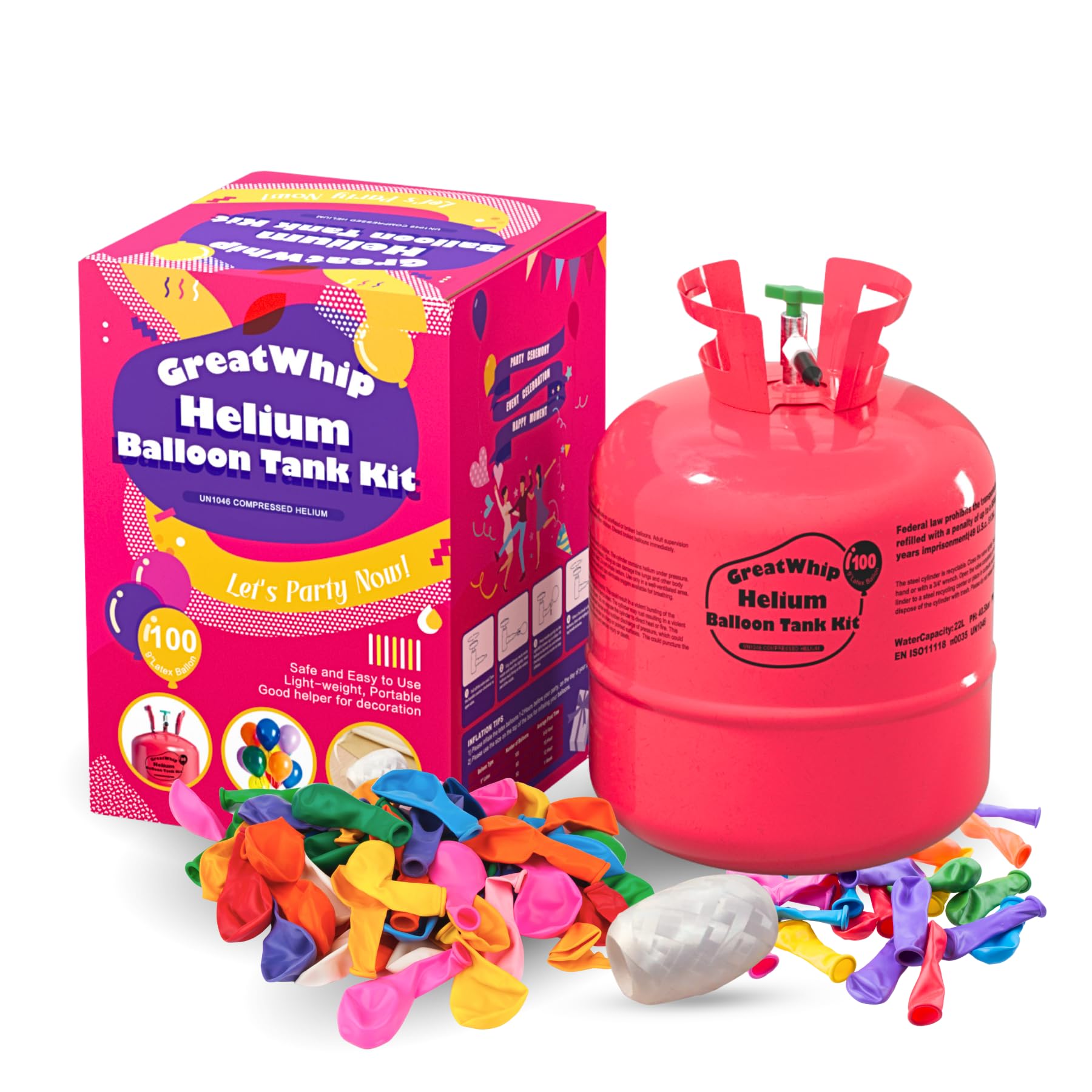 GreatWhip 22L Helium Tank Up To 100 Latex Balloons, Helium Tank For Balloons At Home, Latex Balloons And Ribbons Included