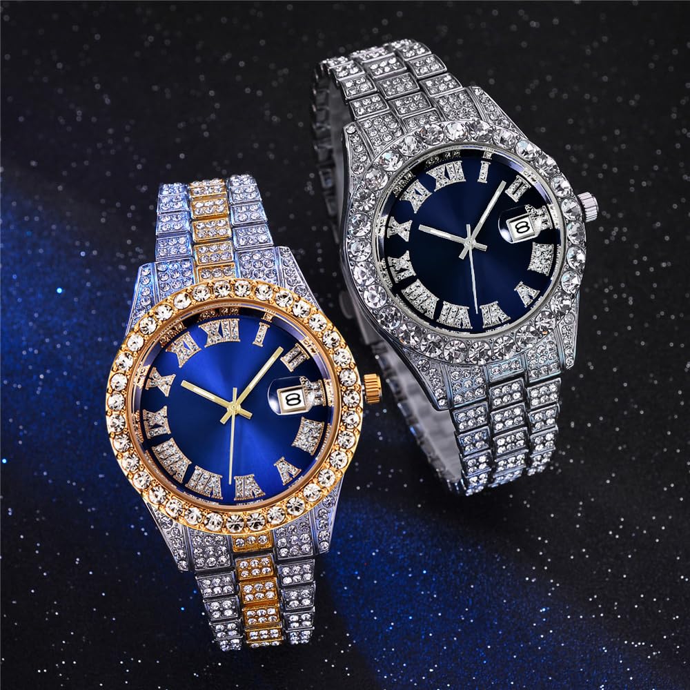 HUNRUY Hip Hop Watches for Men Iced-Out Bling Diamond Luxury Quartz Watches with Date