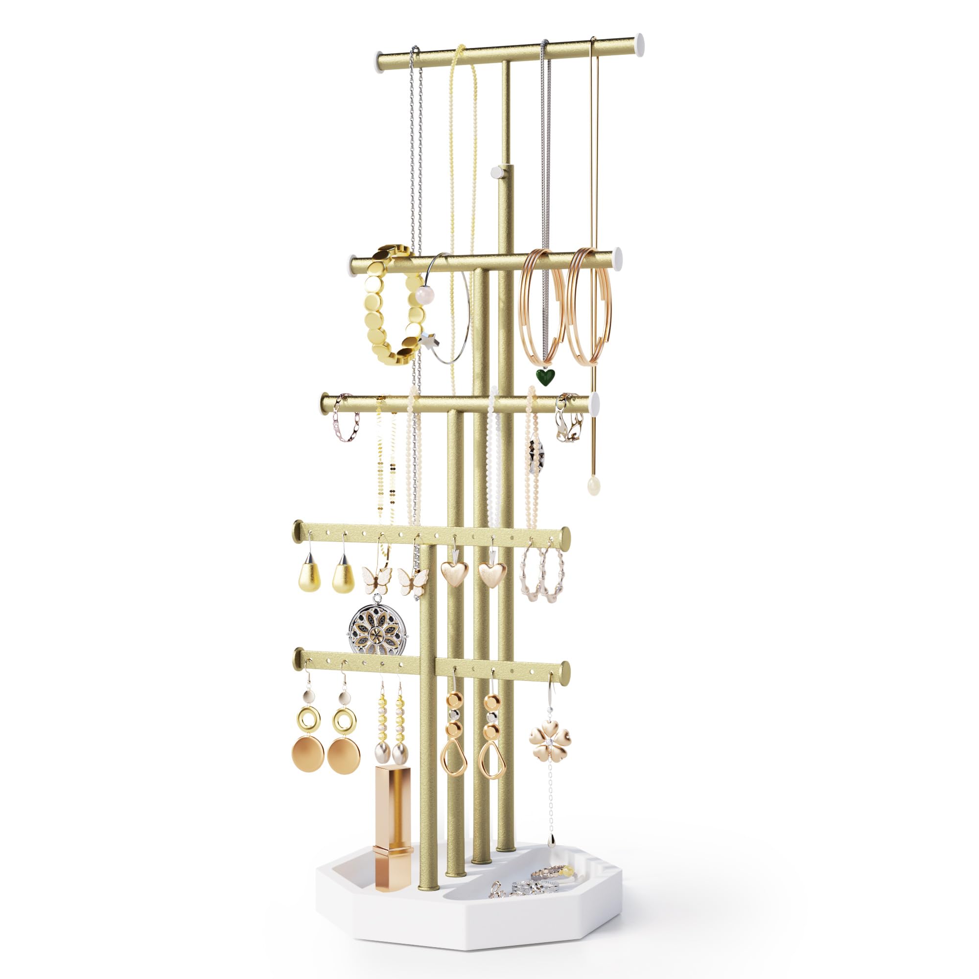 Photo 1 of SRIWATANA Jewelry Organizer Stand, 5 Tier Necklace Holder Bracelet Earring Holder Jewelry Display Stand Large Storage with Wood Base, Mother's Day Gift, White & Gold