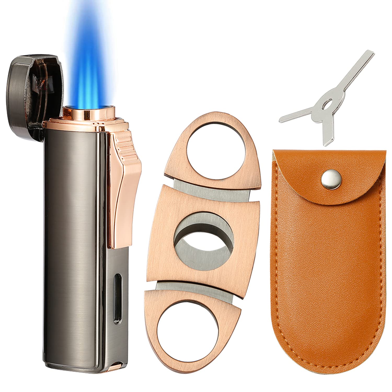 Photo 1 of Carbon Steel ?????? and Lighter Set, Built-in ?????, Triple Jet Flame Butane Torch Lighter, Refillable Windproof Gas Lighter, Gifts for Men, Grey. (Sold Without Gas)