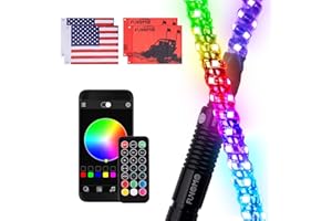 Funomo 2PCS 4FT Led Whip Light with Spring Base Weatherproof 360° Spiral Led Chase Light Bluetooth and Remote Control Lighted Antenna Whip with 4 Flags for ATV, UTV, RZR, Buggy Dune (4FT 2PCS)